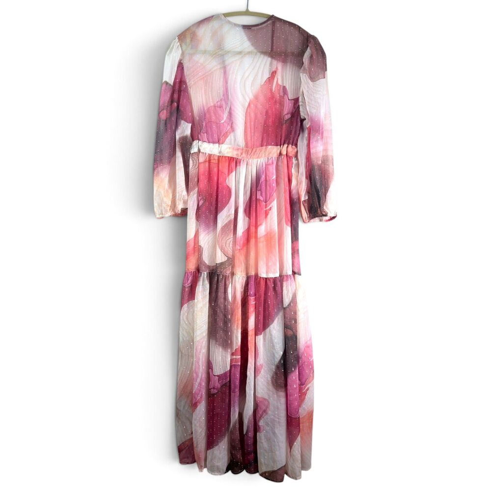 sheer abstract print maxi robe medium swiss dot tiered tie waist balloon sleeve - Picture 6 of 6